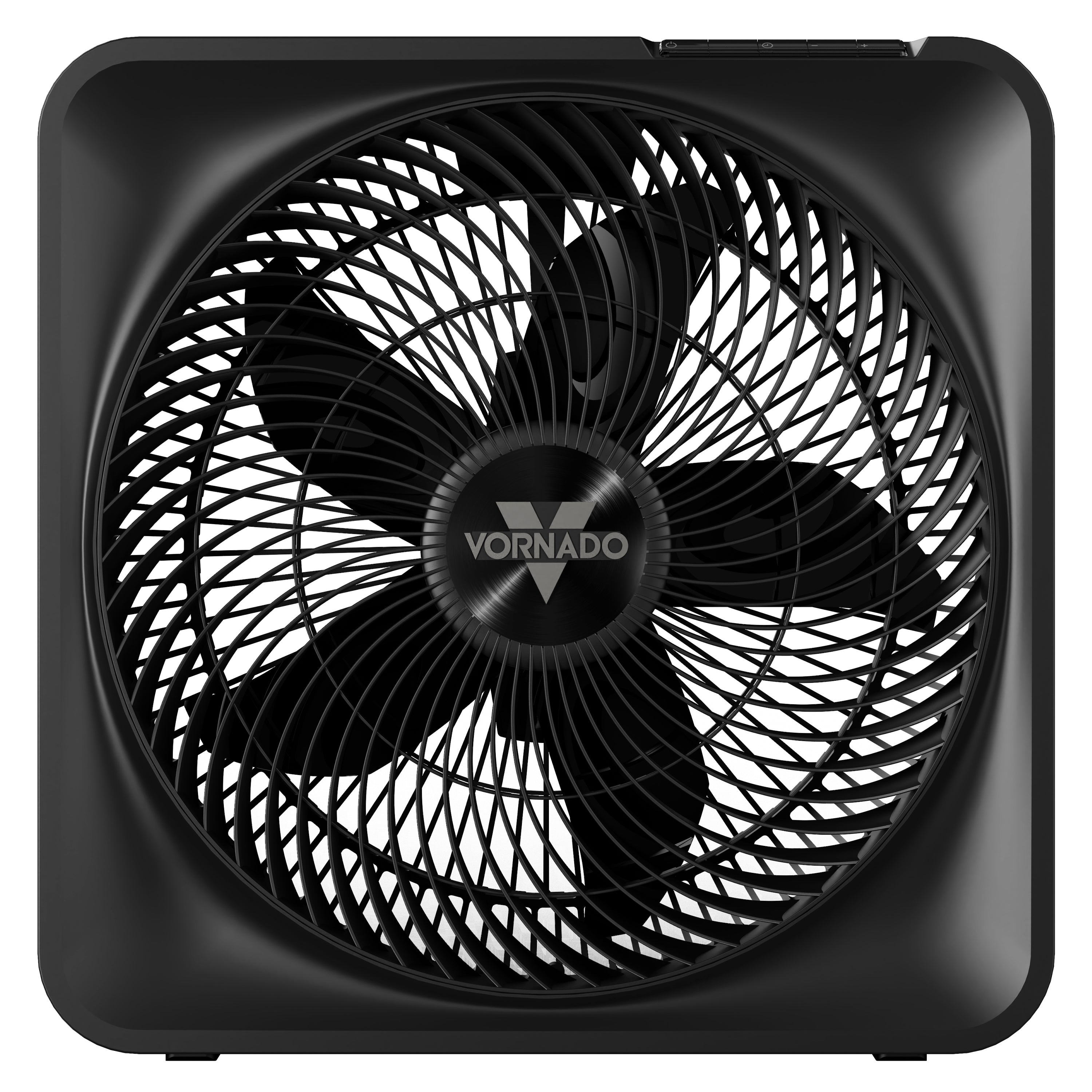 Black Vornado box fan with a kickstand on a white background