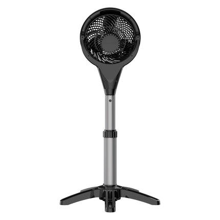 Black oscillating pedestal fan on a white background