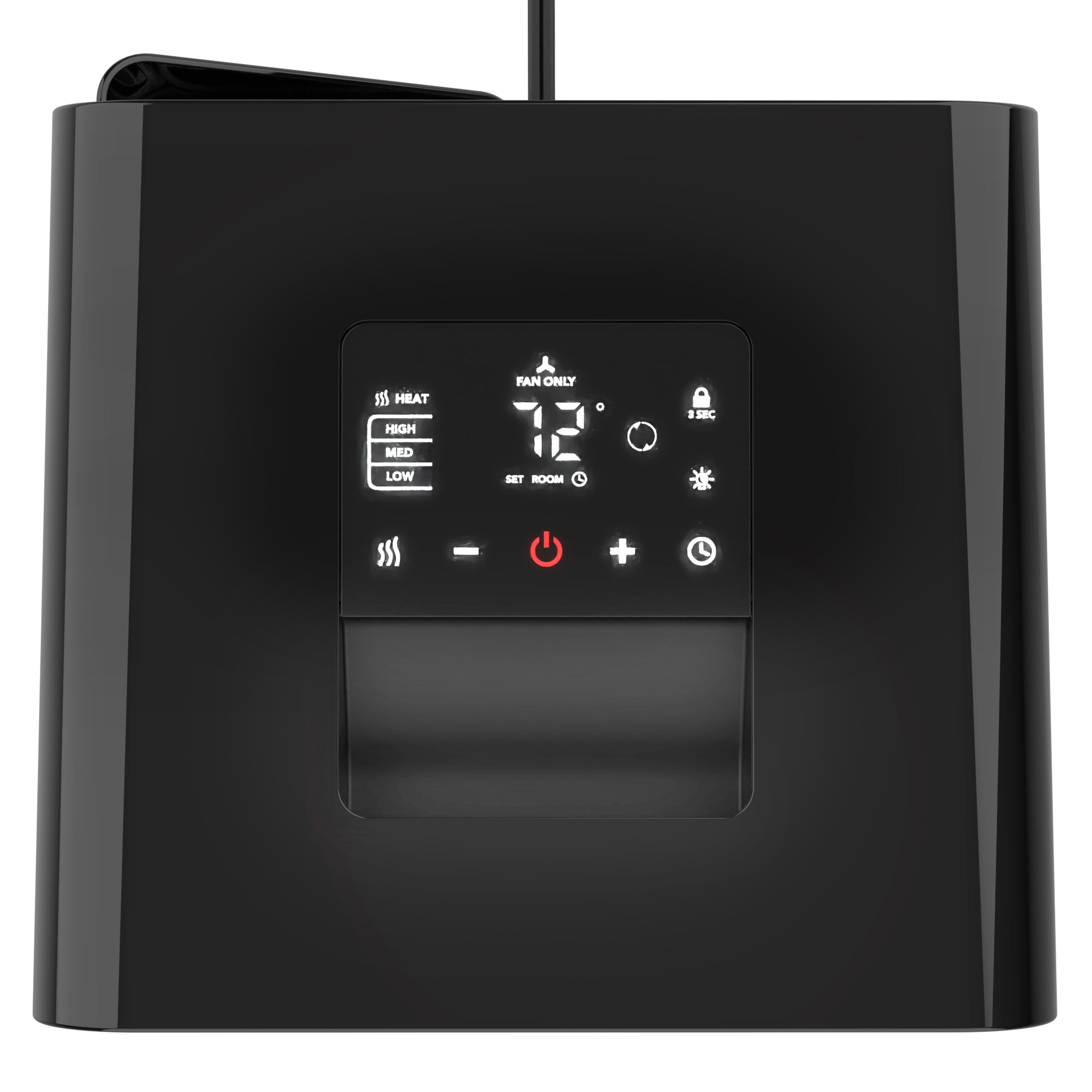 Black Vornado oscillating heater on a white background