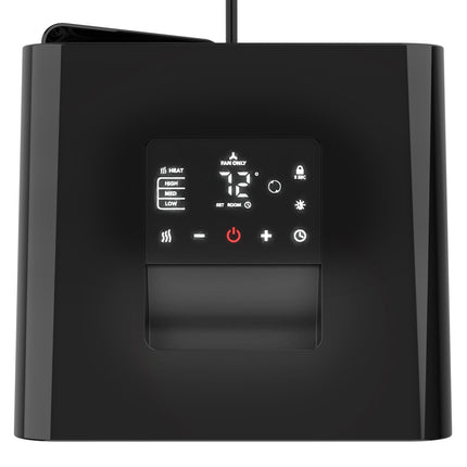 Black Vornado oscillating heater on a white background