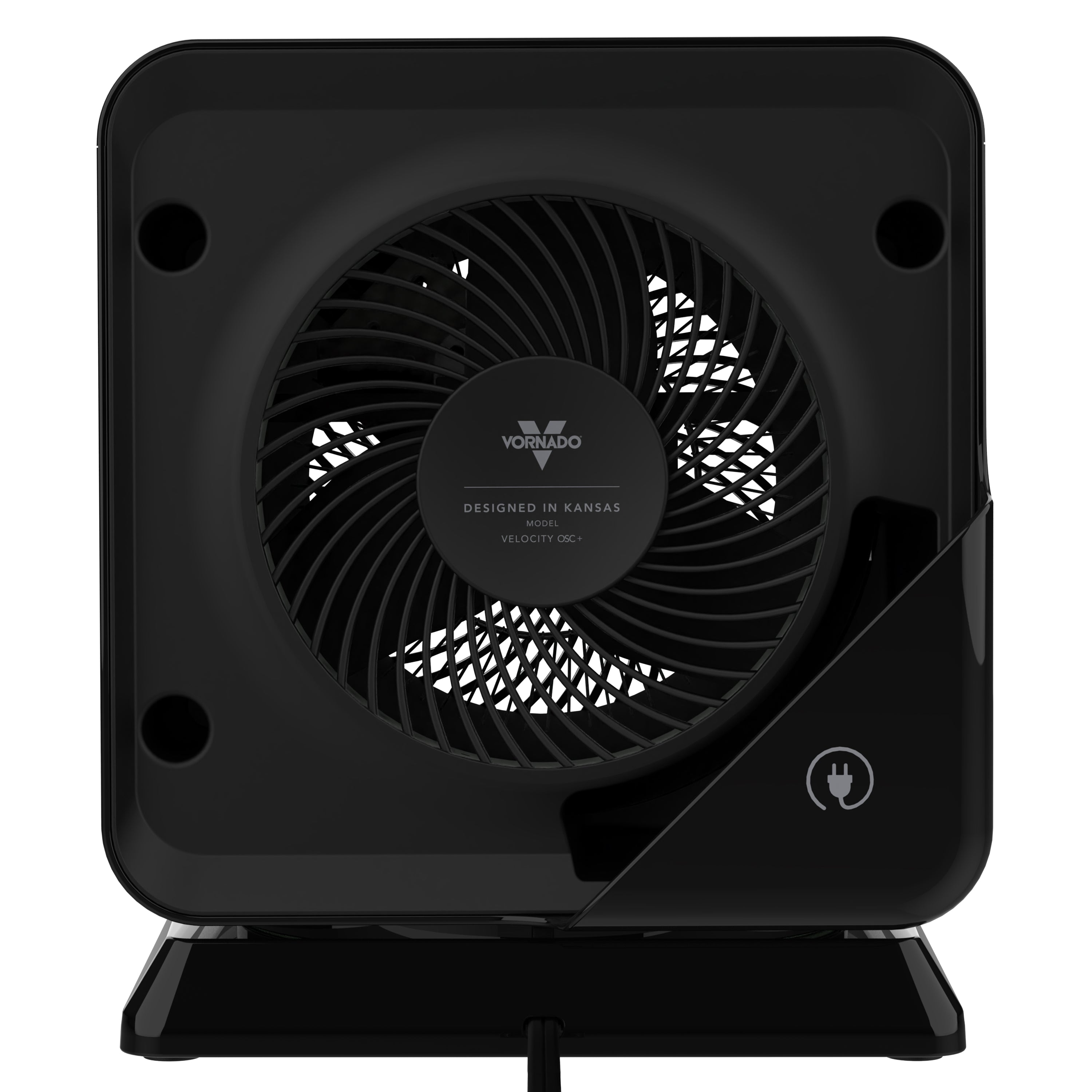 Black Vornado oscillating heater on a white background