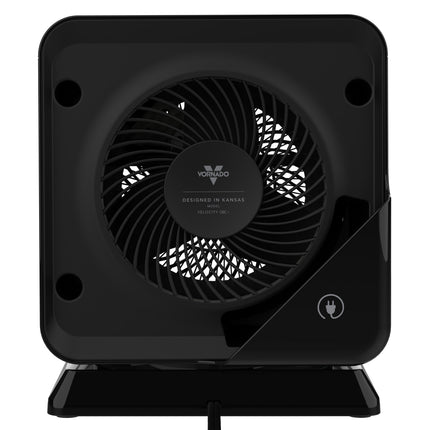Black Vornado oscillating heater on a white background