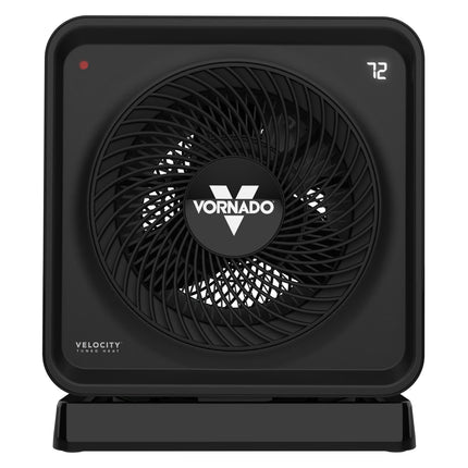 Black Vornado oscillating heater on a white background