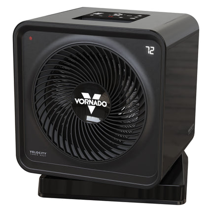 Black Vornado oscillating heater on a white background