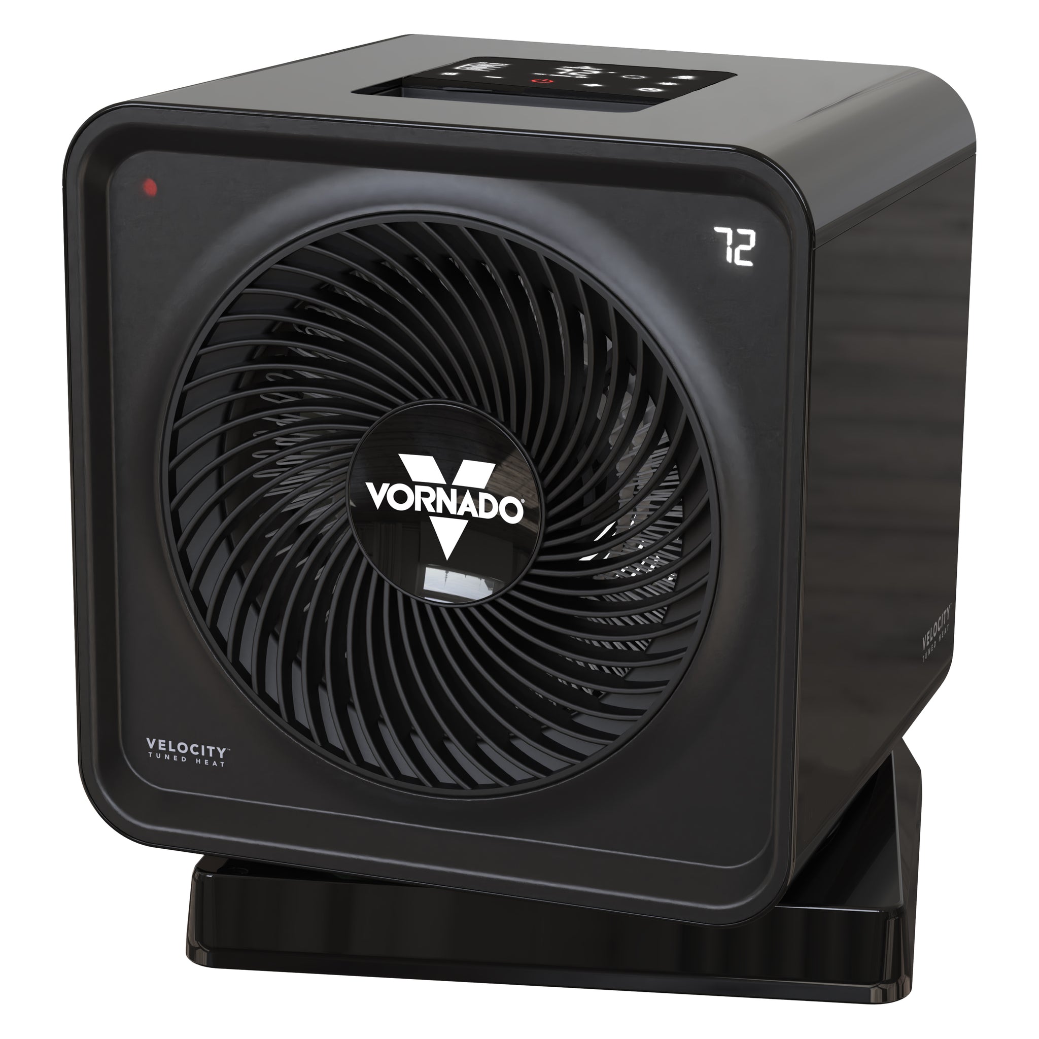 Black Vornado oscillating heater on a white background
