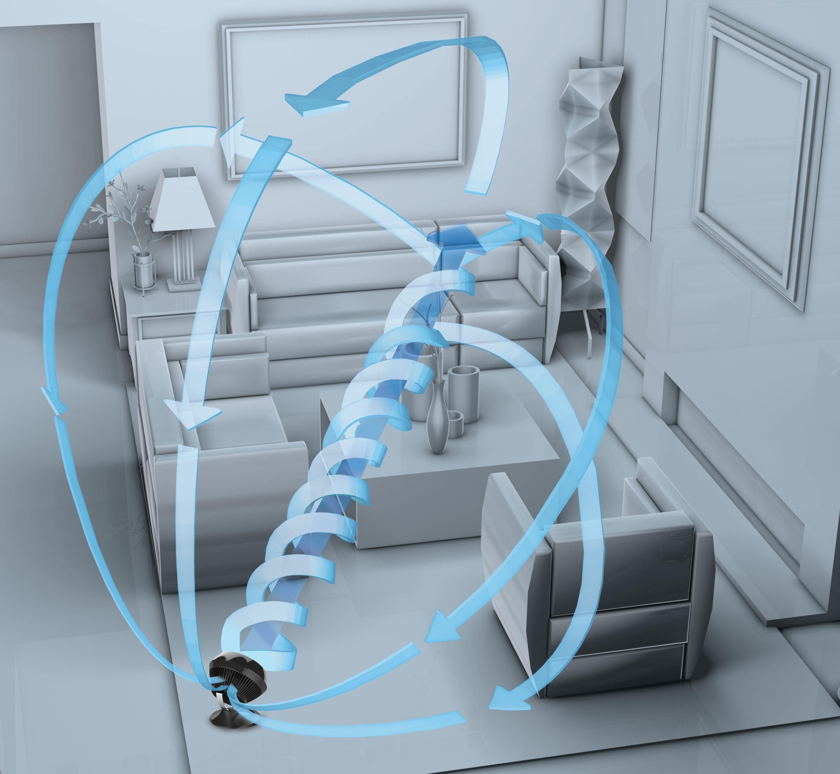 Diagram of air circulation in a room with furniture and blue arrows indicating airflow.