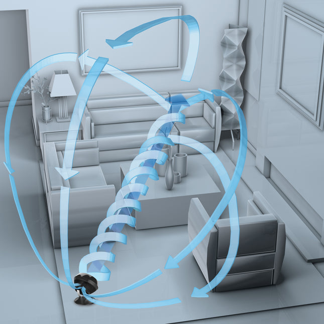 Diagram of air circulation in a room with furniture and blue arrows indicating airflow.
