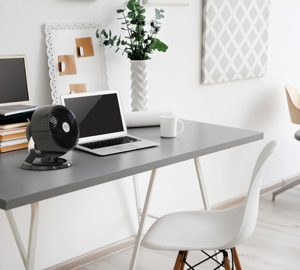 Modern home office with a desk, laptop, fan, and decorative items.