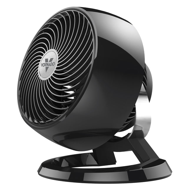 Black desk fan with visible brand logo on a white background