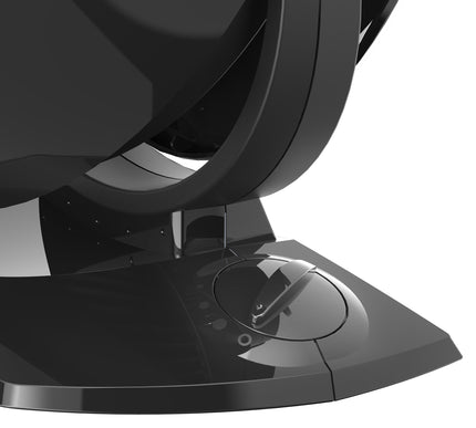 Close-up of a black fan stand on a white background