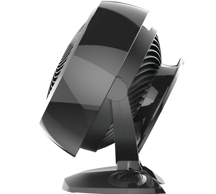 Black and chrome Vornado fan on a white background