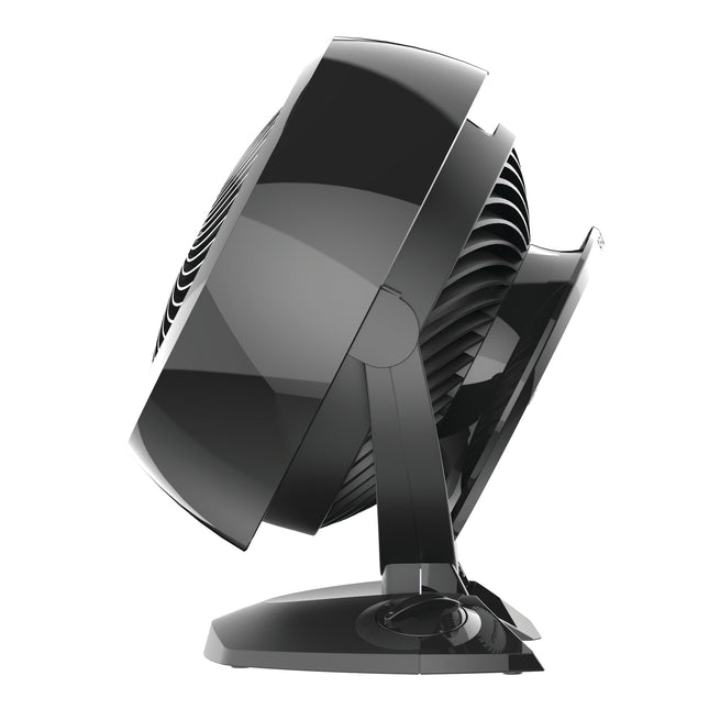 Black and chrome Vornado fan on a white background