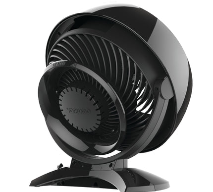 Black and chrome Vornado fan on a white background