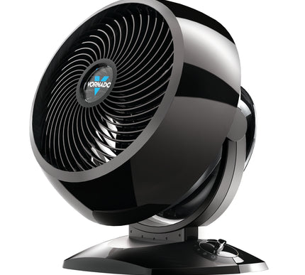 Black and chrome Vornado fan on a white background
