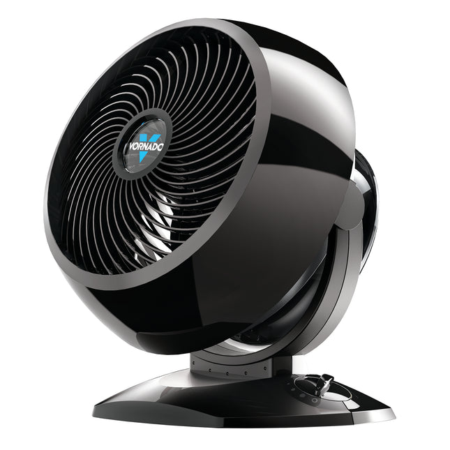 Black and chrome Vornado fan on a white background