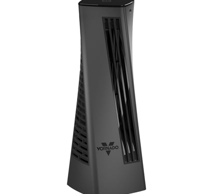 Black tower fan with Vornado logo on a white background
