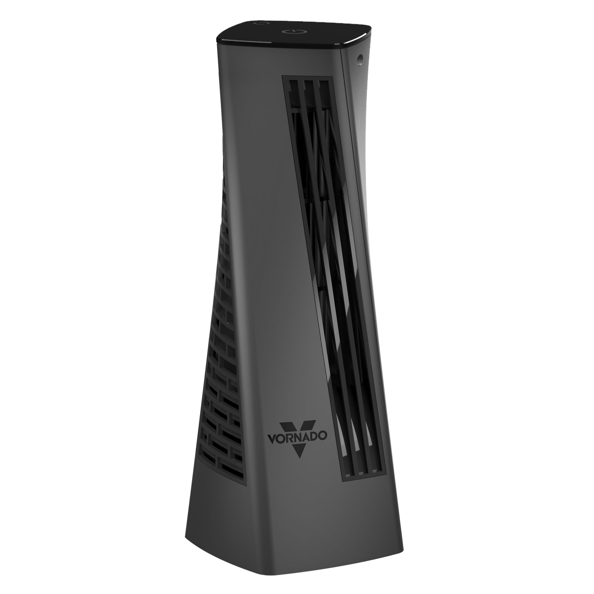 Black tower fan with Vornado logo on a white background