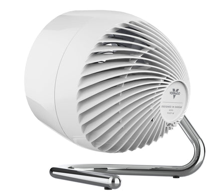 White and gray fan with chrome base on a white background