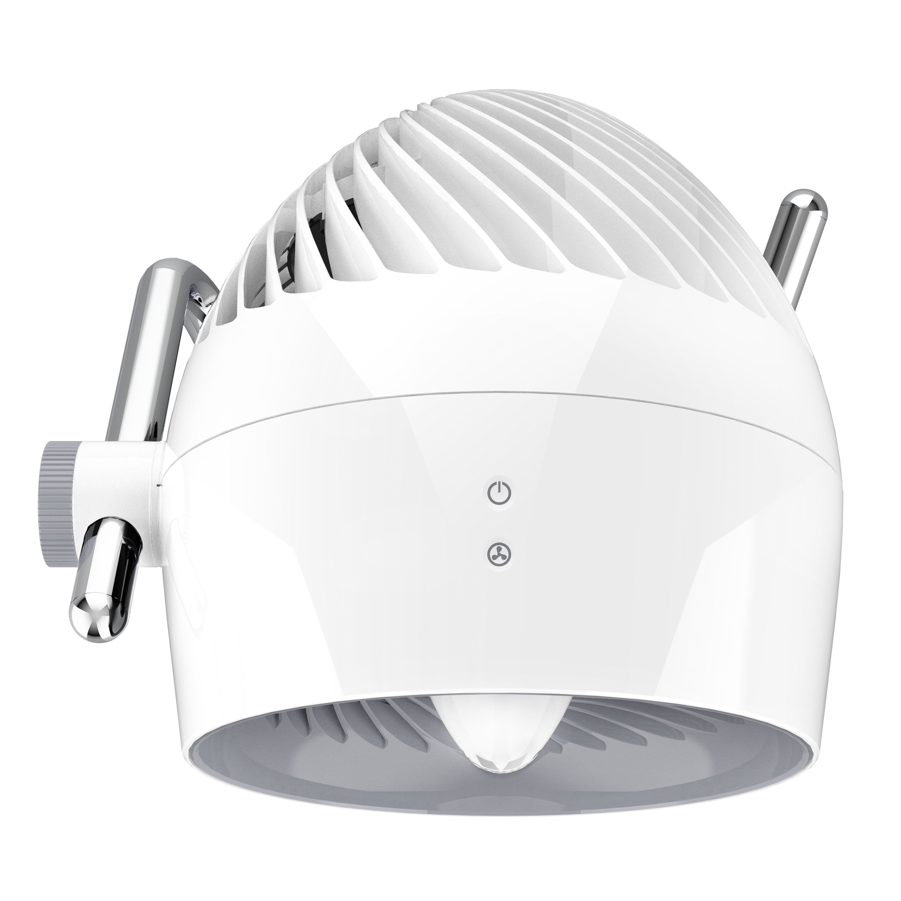 White and gray fan with chrome base on a white background