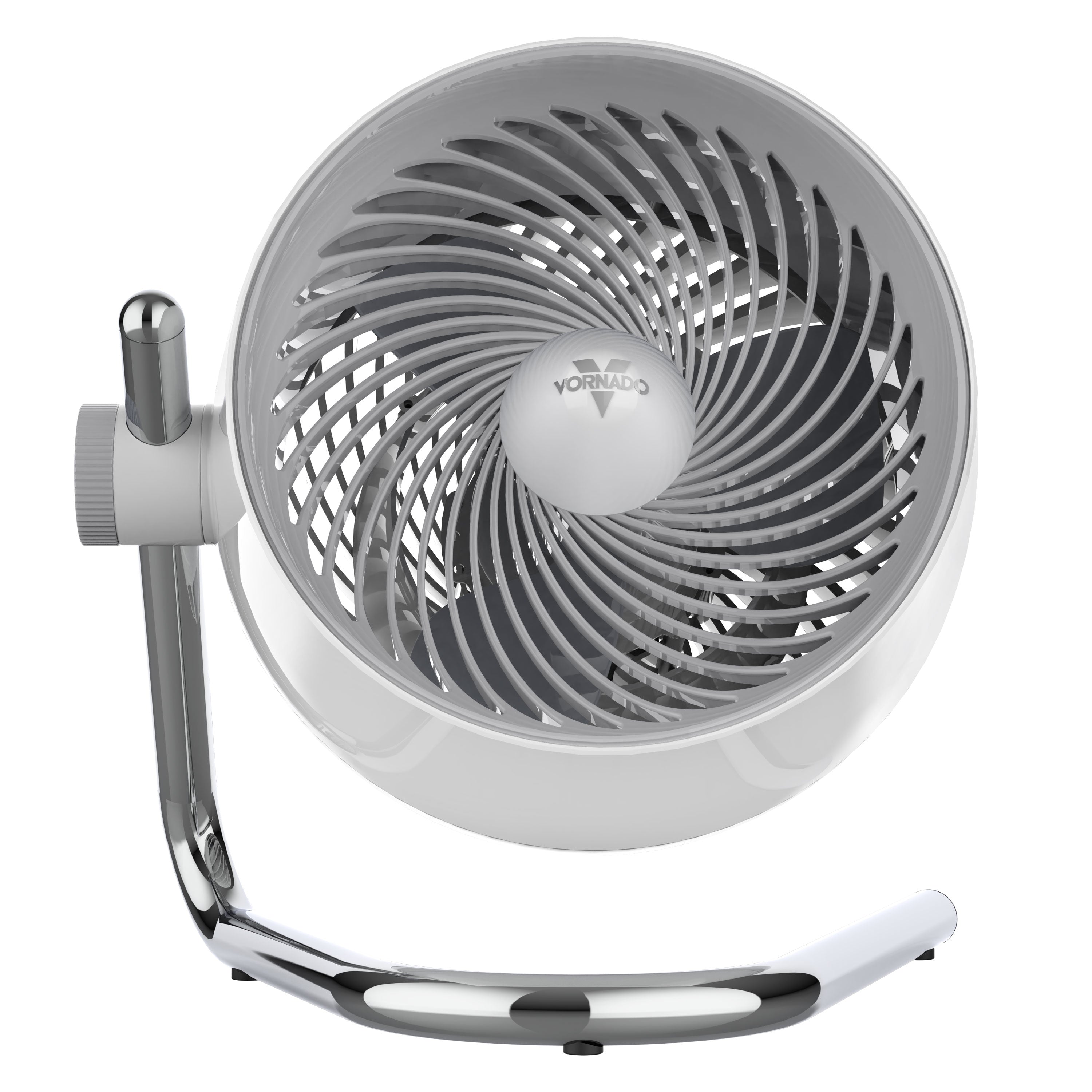 White and gray fan with chrome base on a white background