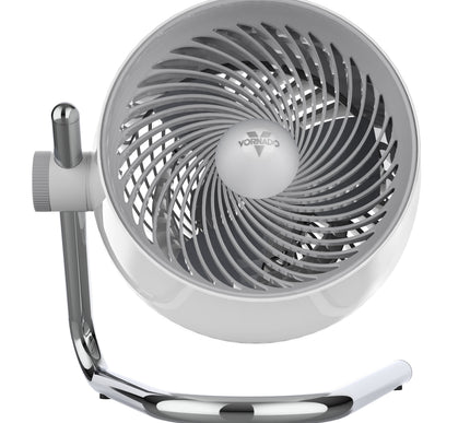 White and gray fan with chrome base on a white background