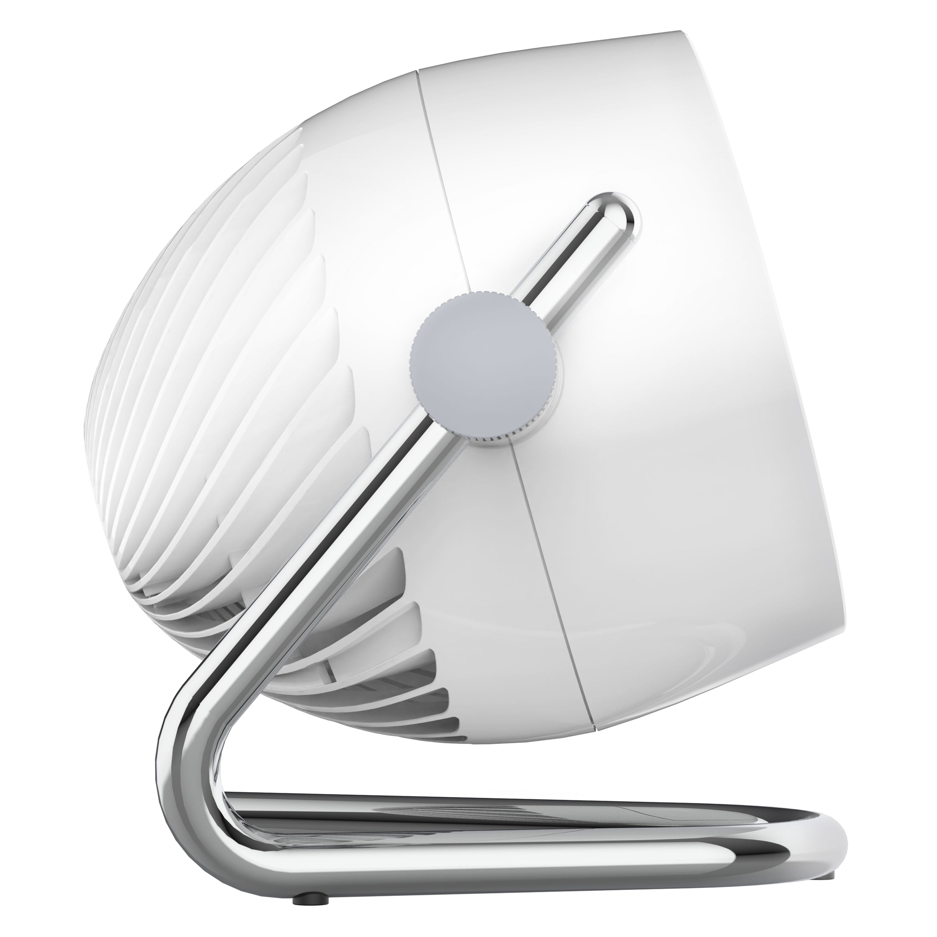 White and gray fan with chrome base on a white background
