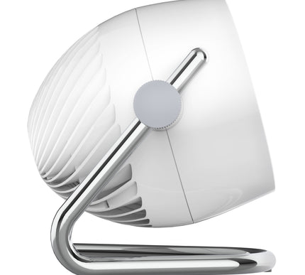 White and gray fan with chrome base on a white background