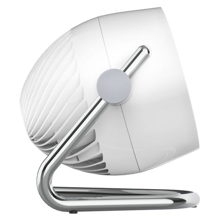 White and gray fan with chrome base on a white background