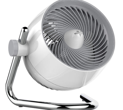 White and gray fan with chrome base on a white background