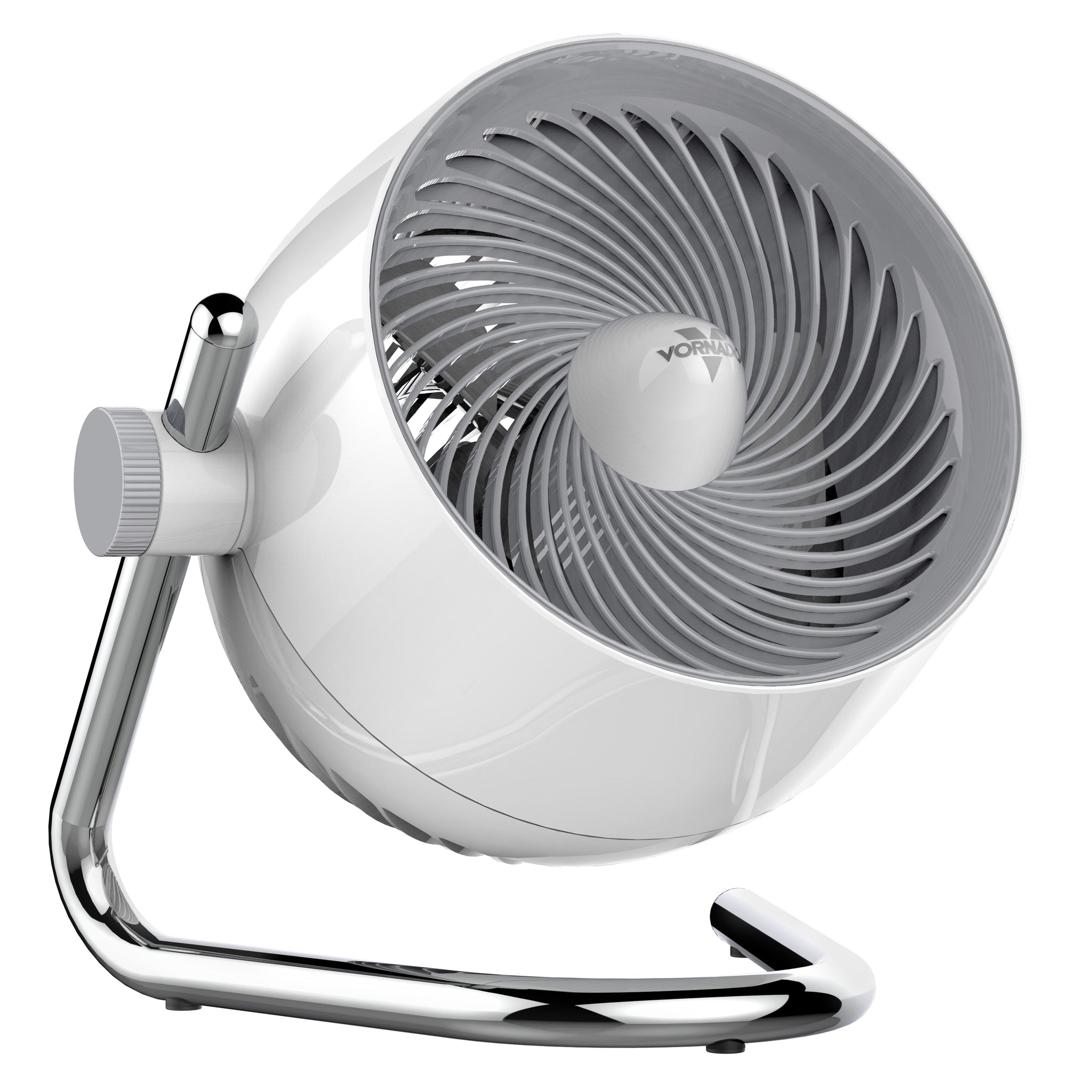 White and gray fan with chrome base on a white background
