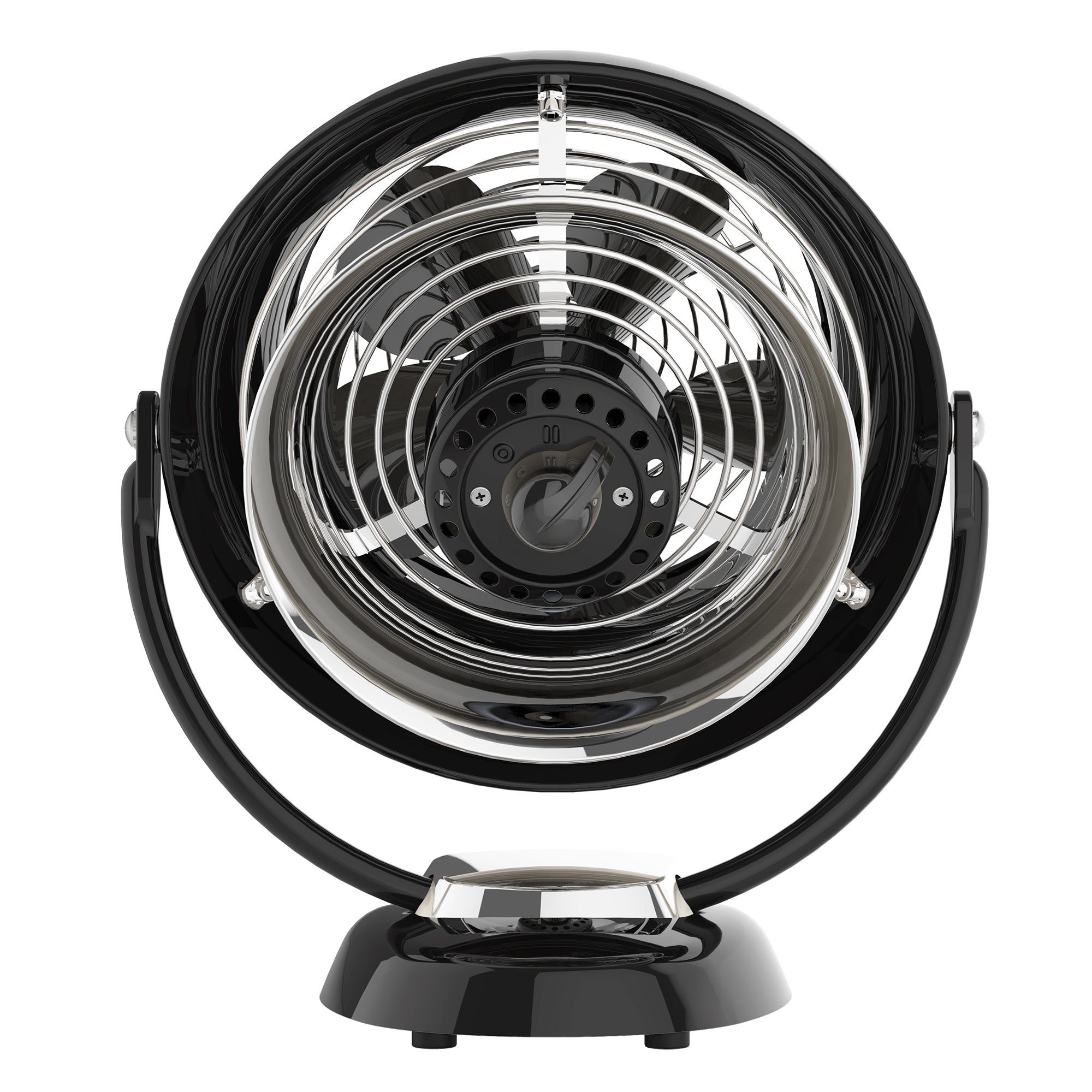 Black and silver circular fan on a white background