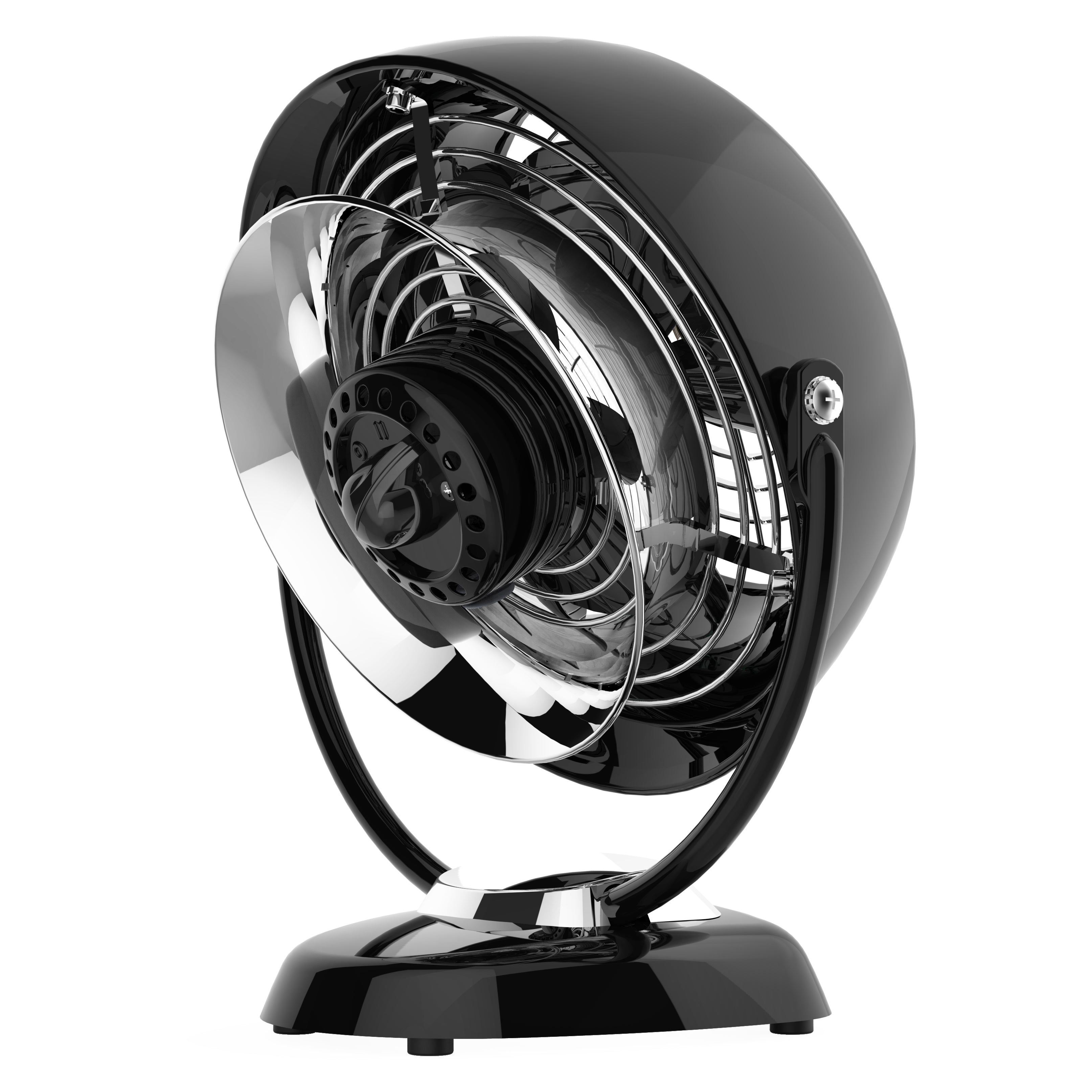 Black and chrome vintage-style fan on a white background