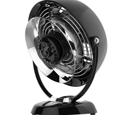 Black and chrome vintage-style fan on a white background