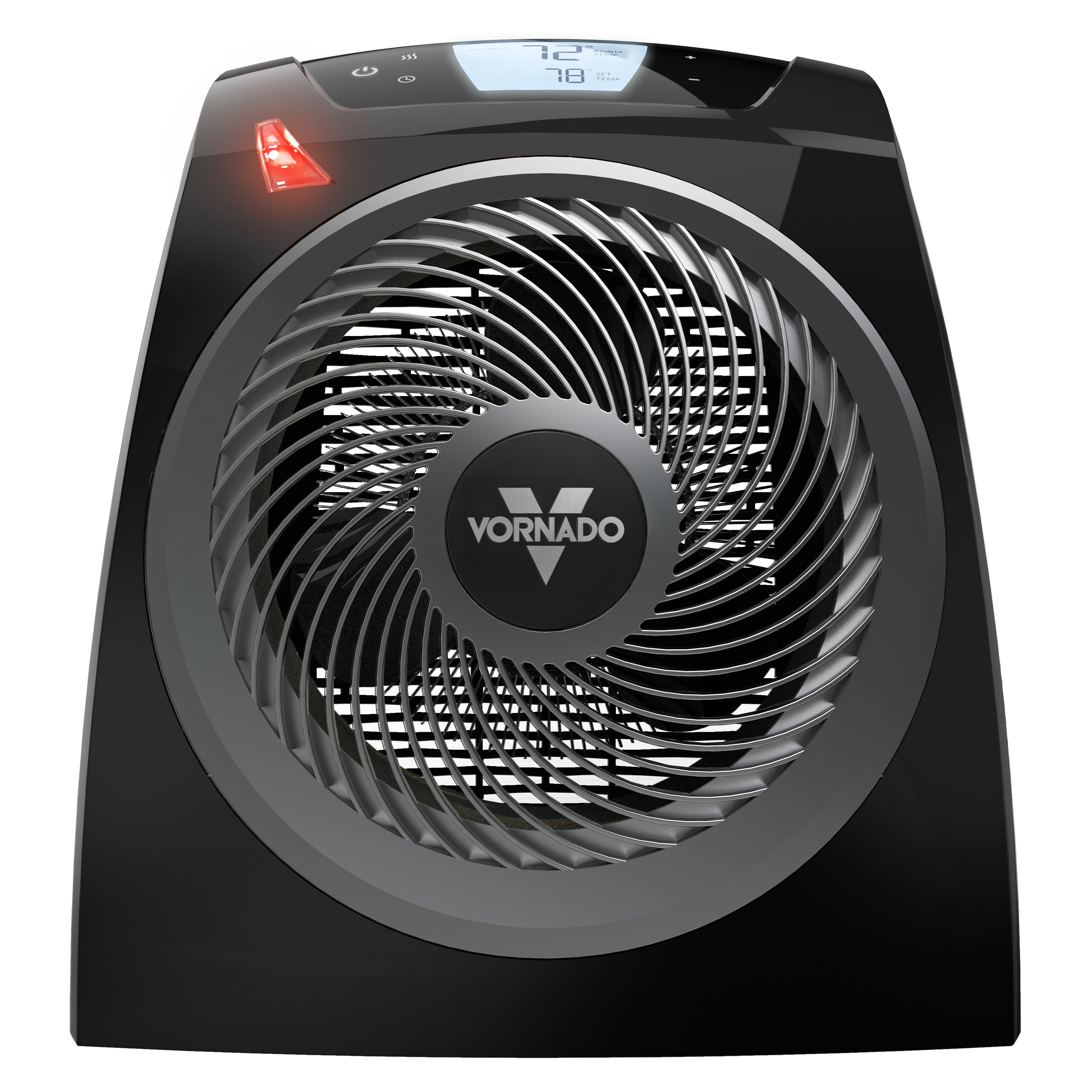 Black Vornado heater on a white background
