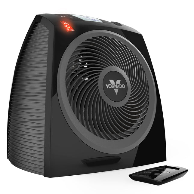 Black Vornado heater with remote control on a white background
