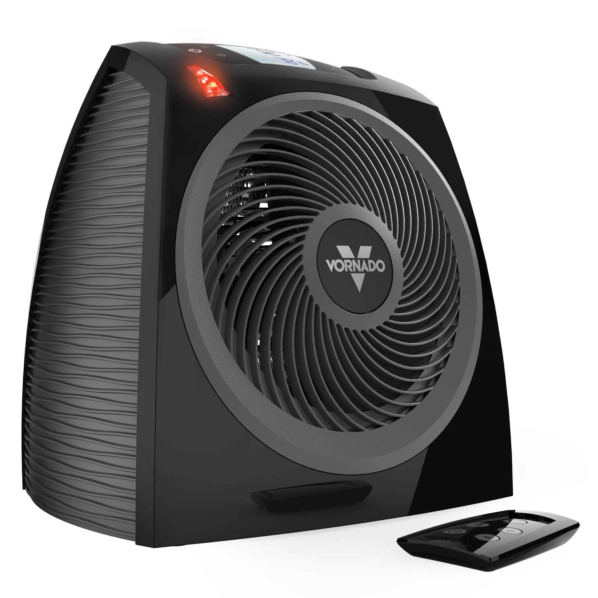 Black Vornado heater with remote control on a white background