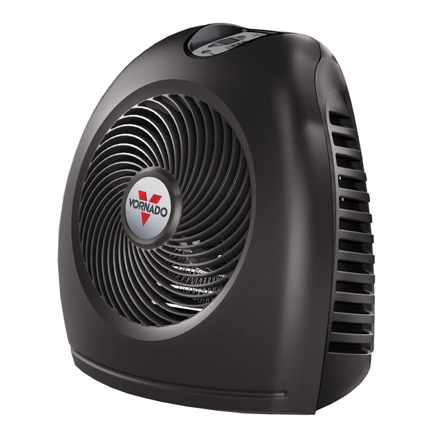Black Vornado heater on a white background