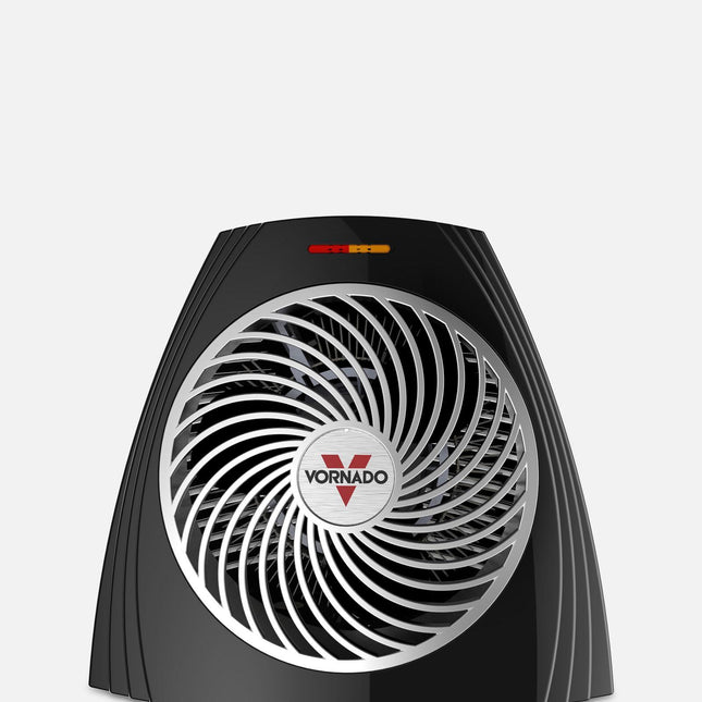 Black Vornado fan on a light gray background