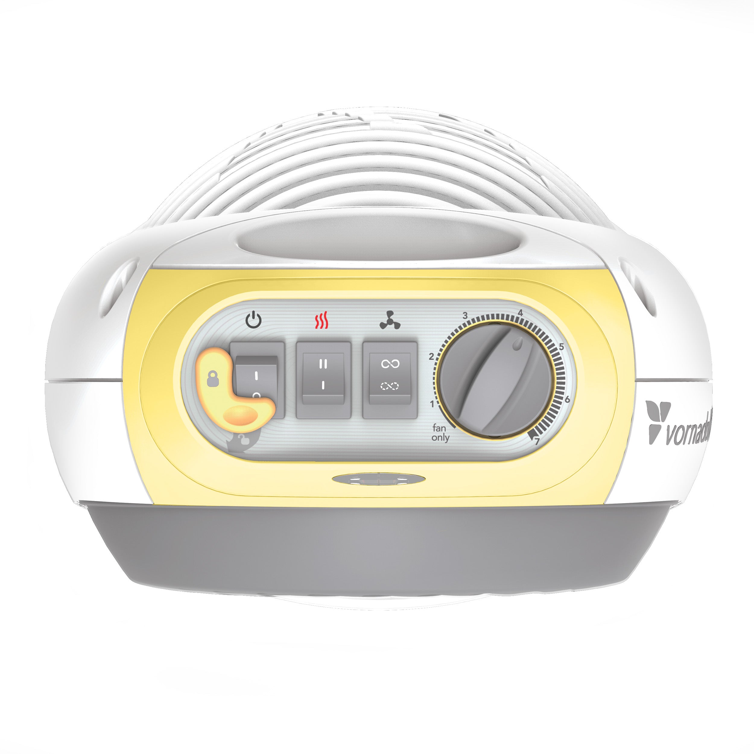 White and yellow electronic device with control panel on a white background