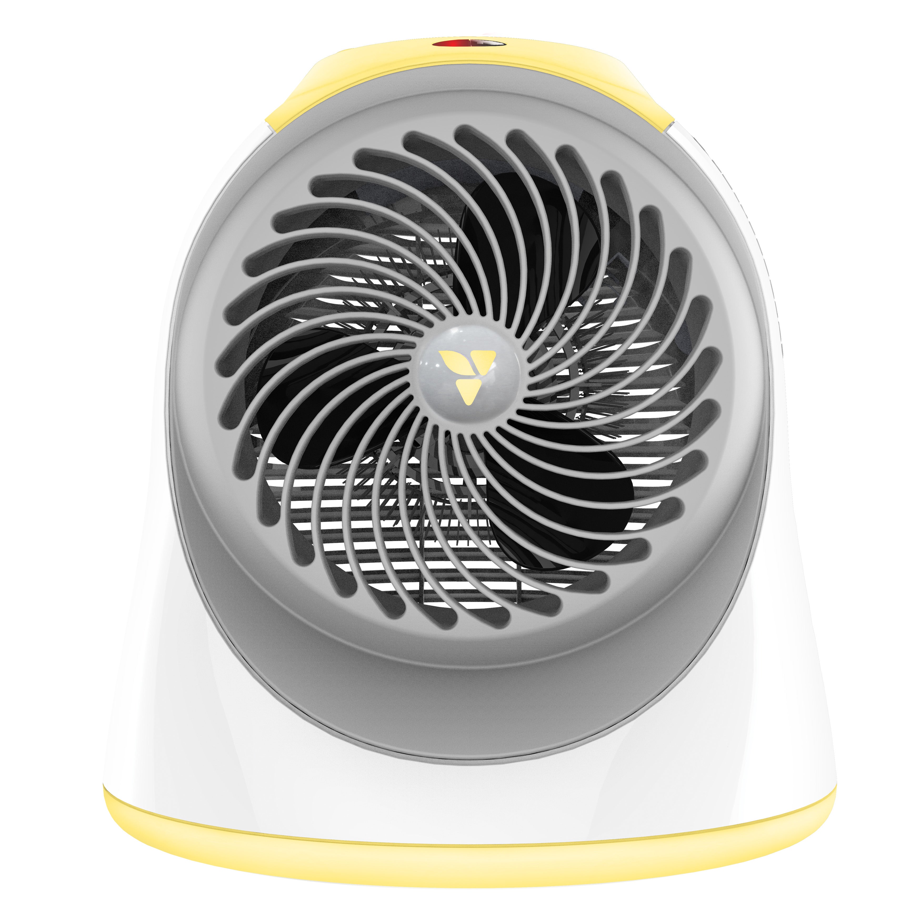 Portable fan with gray center and yellow accents on a white background