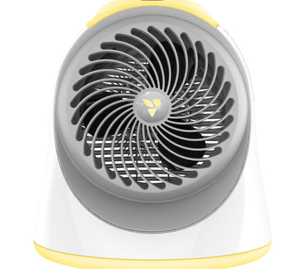 Portable fan with gray center and yellow accents on a white background