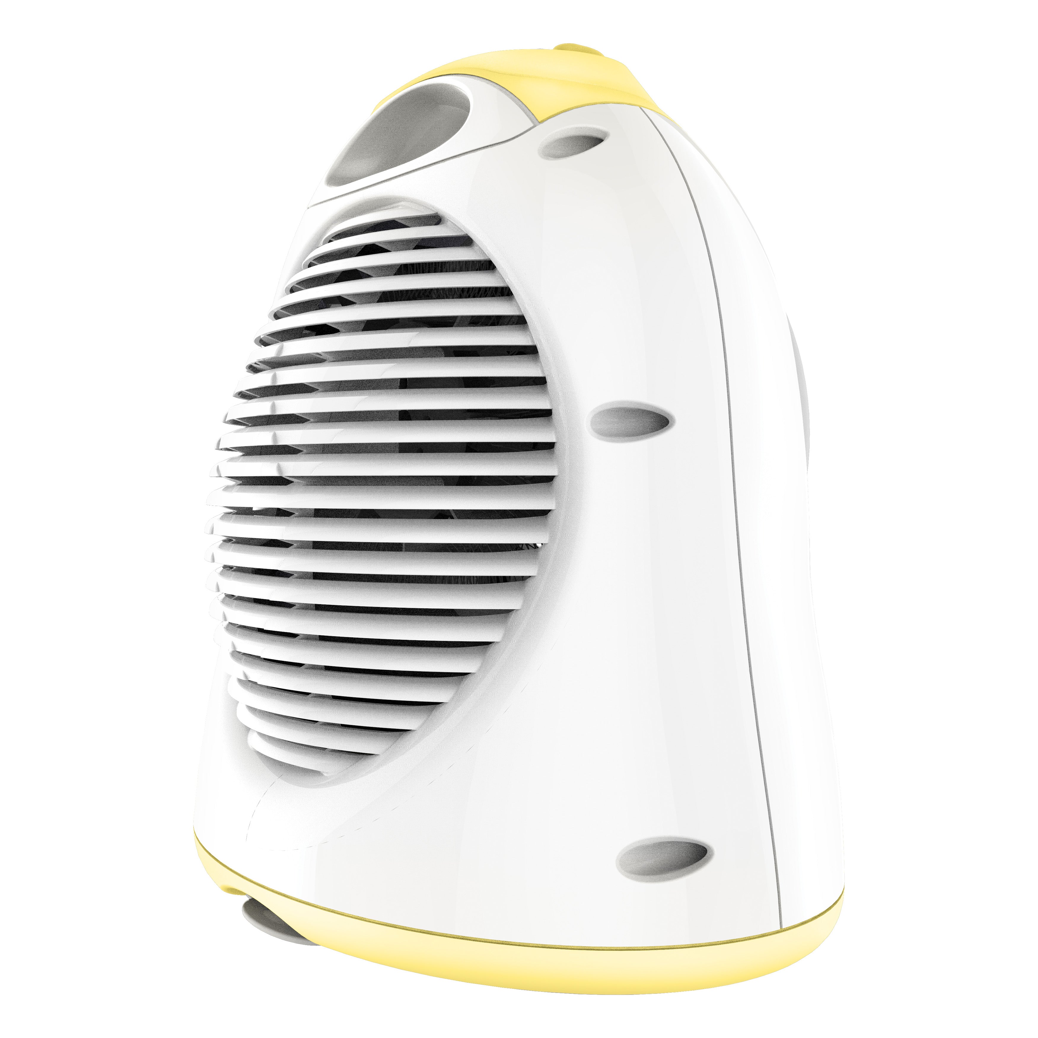 Small white and yellow device with a fan-like design on a white background
