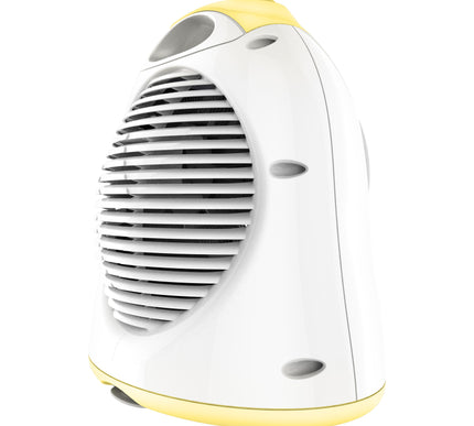 Small white and yellow device with a fan-like design on a white background