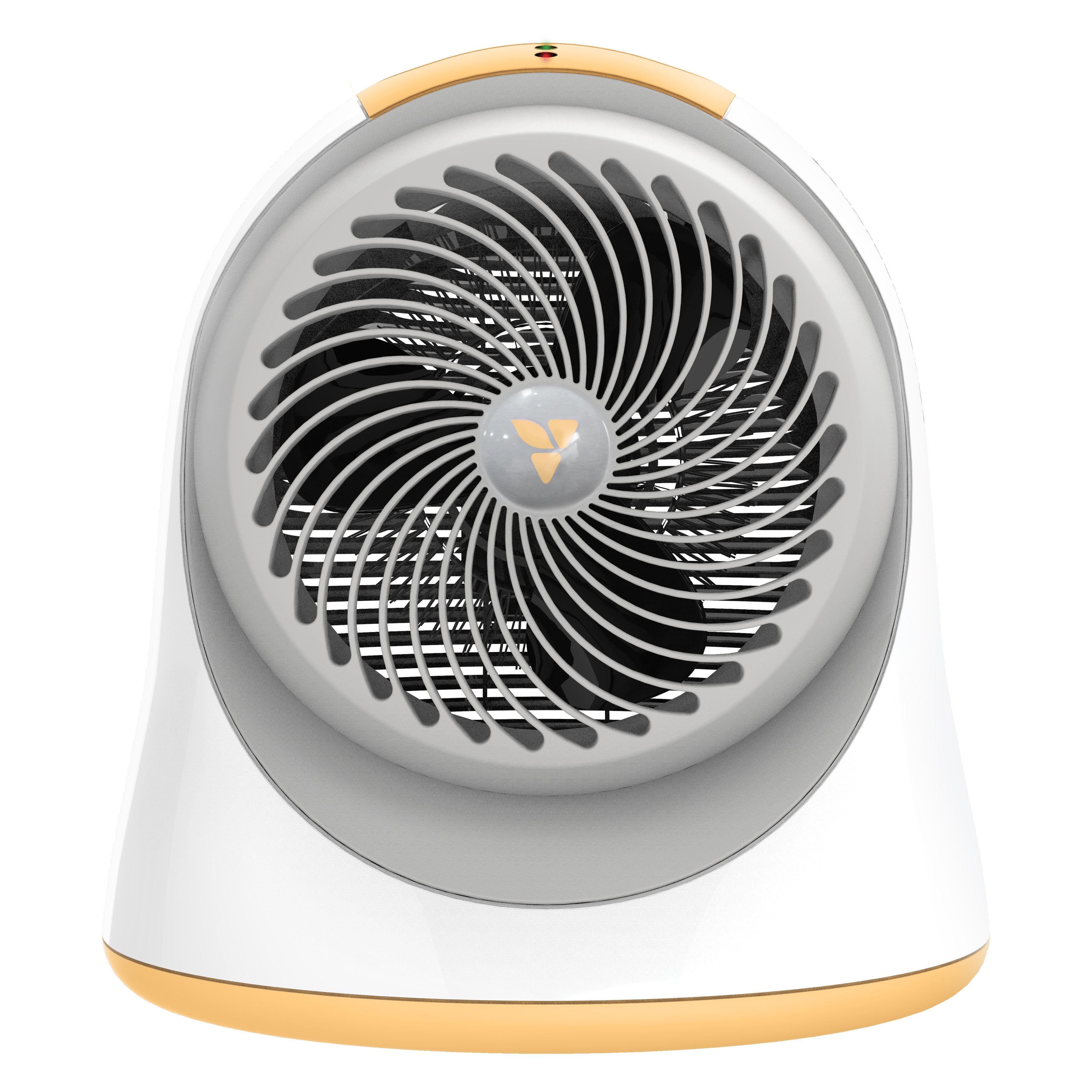 Portable heater with a white and gold design on a white background