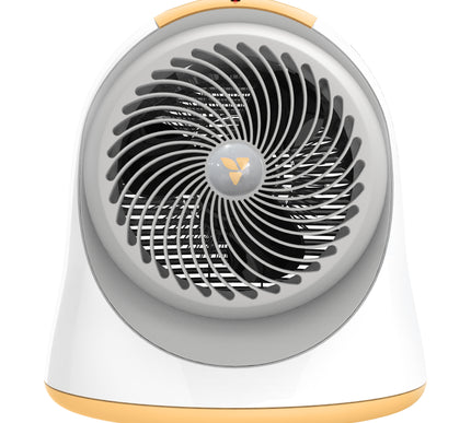 Portable heater with a white and gold design on a white background