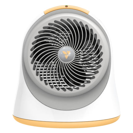 Portable heater with a white and gold design on a white background