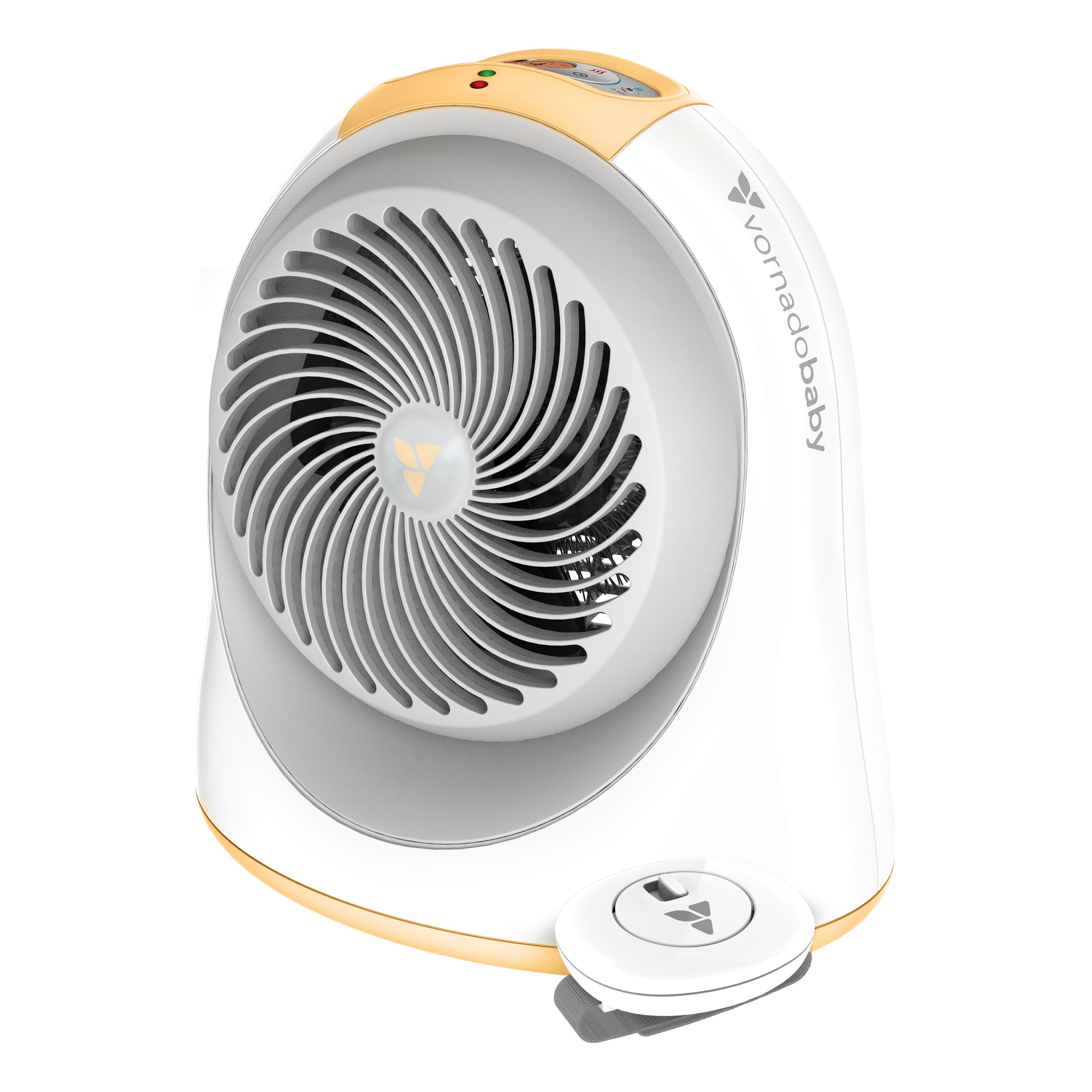 Portable space heater with white and yellow design on a white background