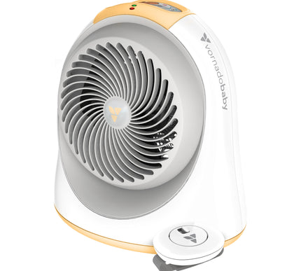 Portable space heater with white and yellow design on a white background