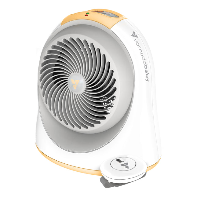Portable space heater with white and yellow design on a white background