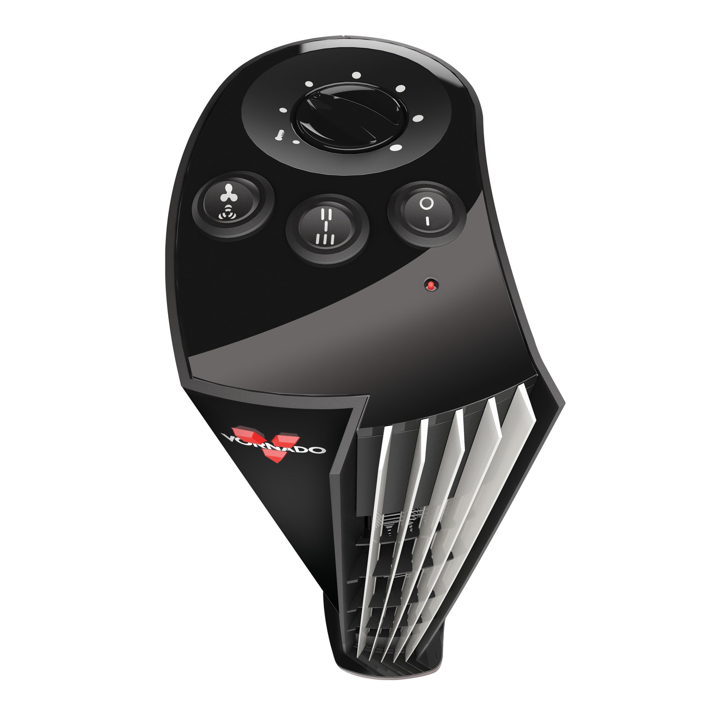 Black tower fan with control buttons on a white background